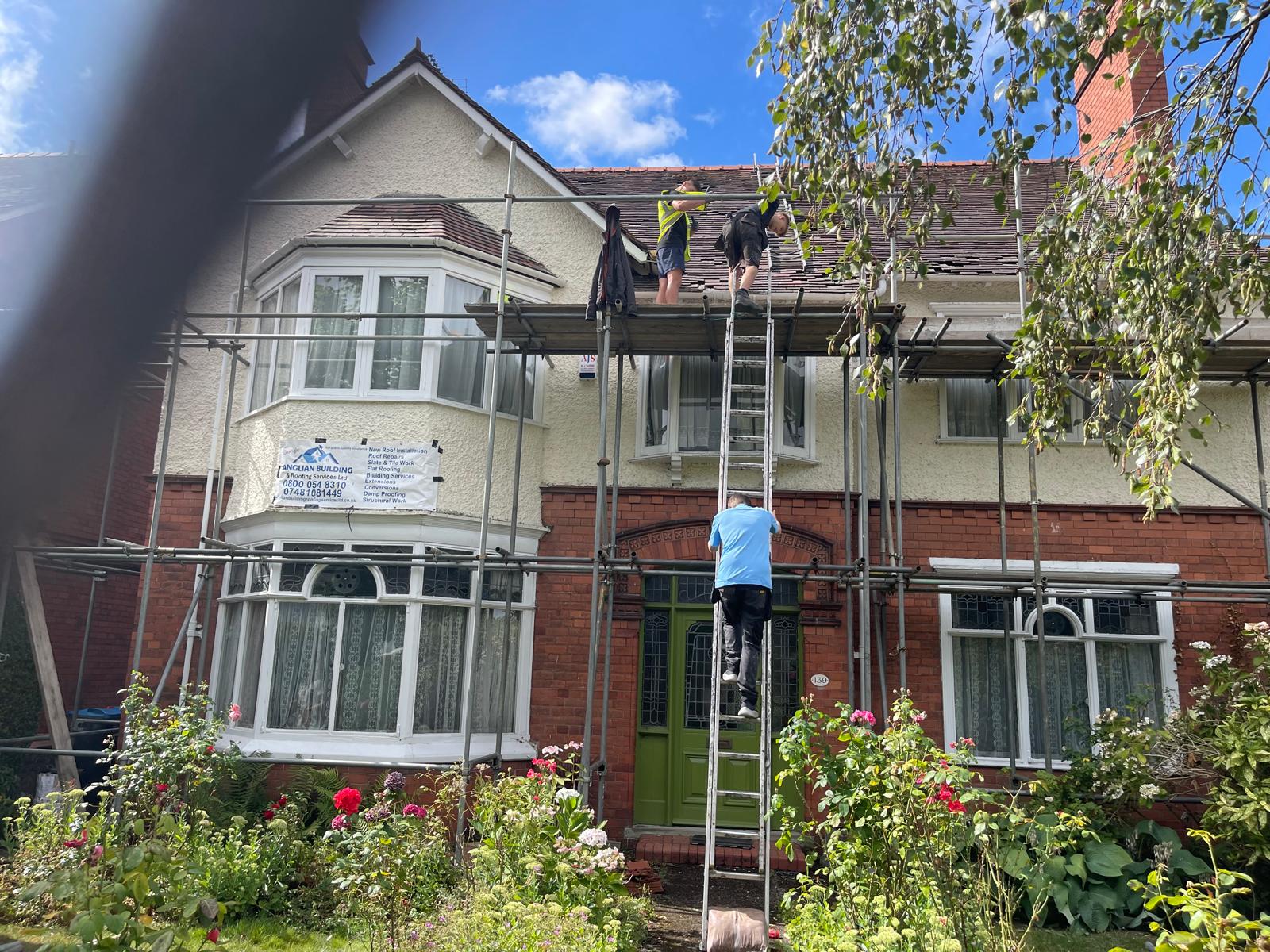 Full roof renovation with scaffolding on a period semi-detached home in London